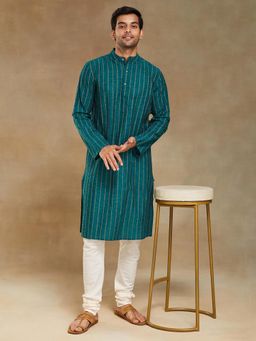 Fabindia - Green Cotton Solid Slim Fit Long Kurta