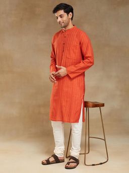 Fabindia - Orange Cotton Blend Striped Slim Fit Long Kurta