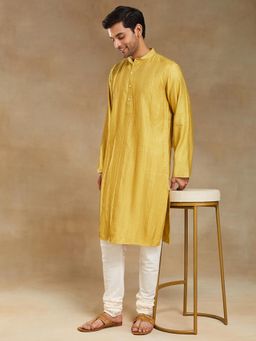 Fabindia - Yellow Viscose Silk Slim Fit Long Kurta