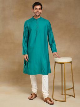 Fabindia - Teal Viscose Silk Comfort Fit Long Kurta