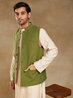 Fabindia - Olive Cotton Waist Length Nehru Jacket