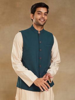 Fabindia - Teal Cotton Waist Length Nehru Jacket