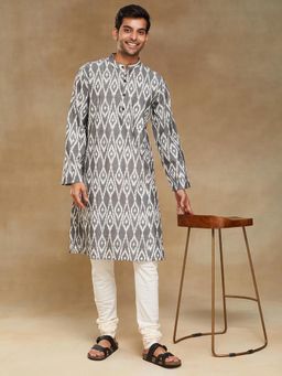 Fabindia - Grey Cotton Ikat Printed Long Kurta