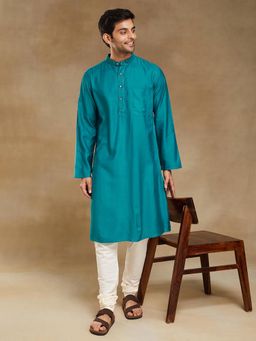 Fabindia - Teal Viscose Silk Slim Fit Long Kurta