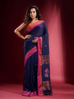 CHARUKRITI - Navy Blue Pure Zari Floral Design Dual Border Saree with Unstitched Blouse