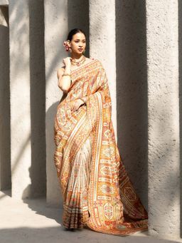 MEENA BAZAAR - Women Beige Art Silk Abstract Saree with Unstitched Blouse