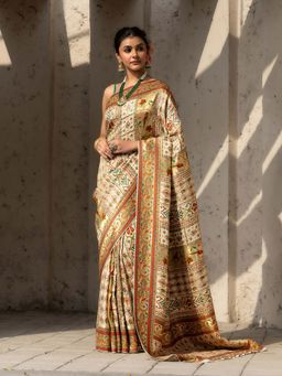 MEENA BAZAAR - Women Beige Art Silk Abstract Saree with Unstitched Blouse