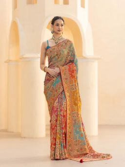 MEENA BAZAAR - Women Pink Georgette Abstract Saree with Unstitched Blouse