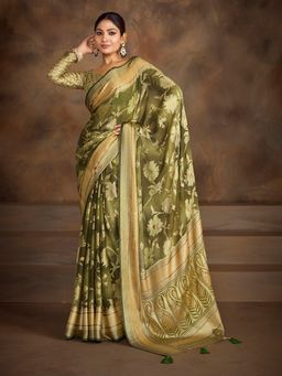 MEENA BAZAAR - Women Green Georgette Floral Saree with Unstitched Blouse