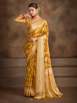 MEENA BAZAAR - Women Mustard Georgette Floral Saree with Unstitched Blouse