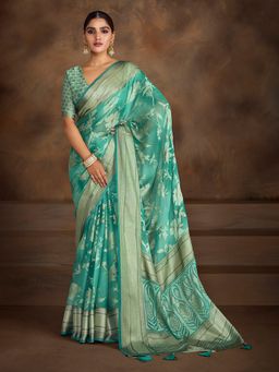 MEENA BAZAAR - Women Green Georgette Floral Saree with Unstitched Blouse