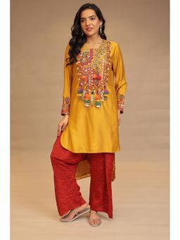 Zari Jaipur - Women Gold Silk Embroidered Kurta with Pant