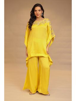 Zari Jaipur - Women Yellow Chinon Embroidered Kaftan Kurta with Pant