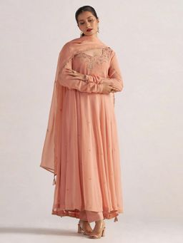 Ganga Fashions - Women Peach Georgette Embroidered Kurta with Pant and Dupatta