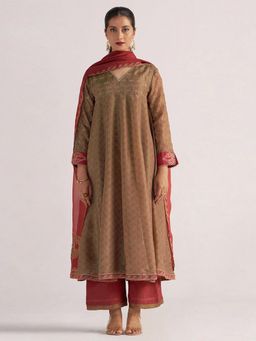 Ganga Fashions - Women Beige Tissue Embroidered Kurta with Pant and Dupatta