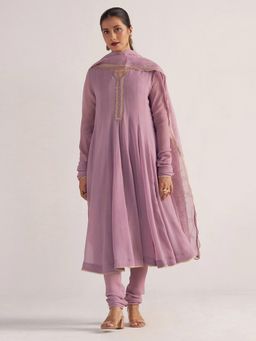 Ganga Fashions - Women Lavender Georgette Embellished Kurta with Pant and Dupatta