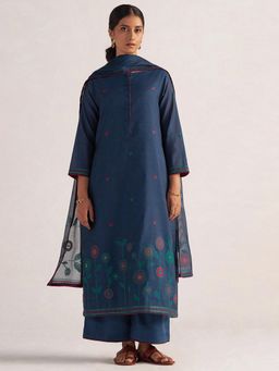 Ganga Fashions - Women Blue Chanderi Floral Kurta with Palazzo and Dupatta