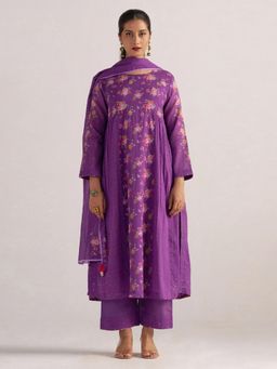 Ganga Fashions - Women Purple Cotton Floral Kurta with Pant and Dupatta