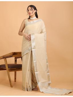Hella Fashions - Women Beige Linen Blend Solid Saree with Unstitched Blouse