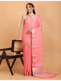 Hella Fashions - Women Coral Linen Blend Solid Saree with Unstitched Blouse