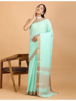 Hella Fashions - Women Green Linen Blend Solid Saree with Unstitched Blouse