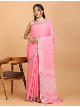 Hella Fashions - Women Pink Linen Blend Solid Saree with Unstitched Blouse