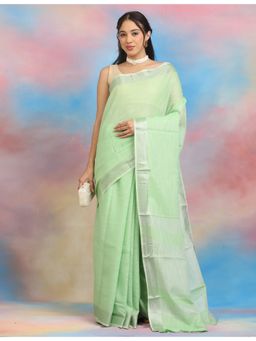 Hella Fashions - Women Green Linen Blend Solid Saree with Unstitched Blouse