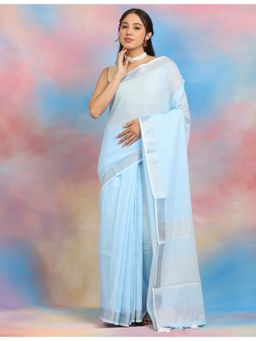 Hella Fashions - Women Blue Linen Blend Solid Saree with Unstitched Blouse