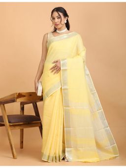 Hella Fashions - Women Yellow Linen Blend Solid Saree with Unstitched Blouse