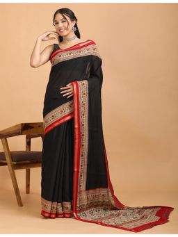 Hella Fashions - Women Black Cotton Blend Floral Saree with Unstitched Blouse