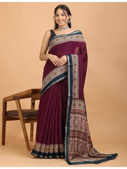 Hella Fashions - Women Purple Cotton Blend Floral Saree with Unstitched Blouse