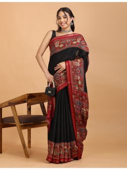 Hella Fashions - Women Black Cotton Blend Abstract Saree with Unstitched Blouse