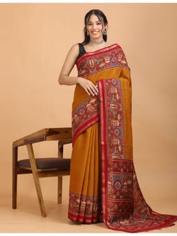 Hella Fashions - Women Gold Cotton Blend Abstract Saree with Unstitched Blouse