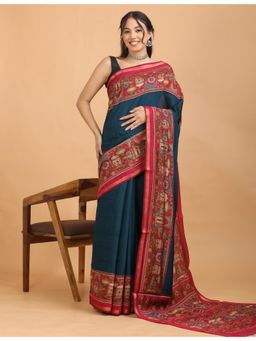 Hella Fashions - Women Teal Cotton Blend Abstract Saree with Unstitched Blouse