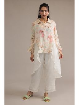 Zari Jaipur - Women Pink Linen Floral Kurta with Pant