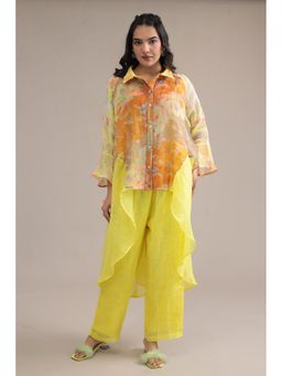 Zari Jaipur - Women Yellow Linen Floral Kurta with Pant