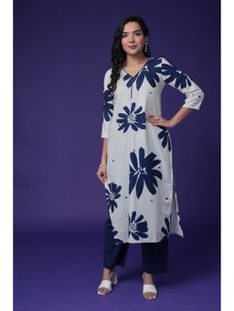 Zari Jaipur - Women Cream Cotton Floral Kurta with Pant