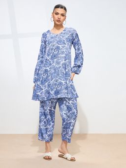 KAMLIE - Women Blue Polyester Paisley Tunic with Trouser
