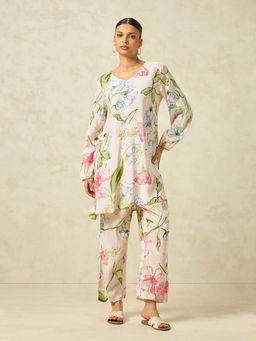 KAMLIE - Women White Viscose Rayon Floral Tunic with Trouser