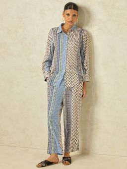 KAMLIE - Women Beige Polyester Abstract Shirt with Trouser