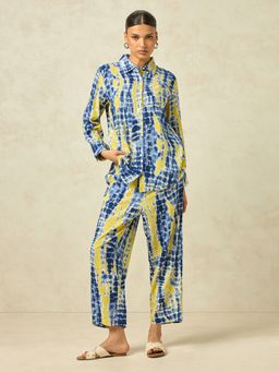 KAMLIE - Women Blue Pure Cotton Abstract Shirt with Trouser