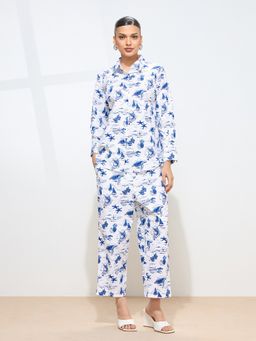 KAMLIE - Women White Cotton Blend Floral Shirt with Trouser