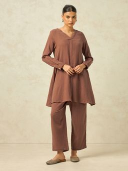 KAMLIE - Women Brown Pure Cotton Solid Tunic with Trouser