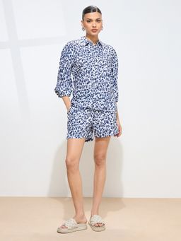 KAMLIE - Women Blue Polyester Abstract Shirt with Shorts