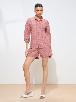 KAMLIE - Women Red Pure Cotton Checks Shirt with Shorts