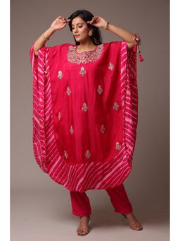 Zari Jaipur - Women Pink Silk Embroidered Kaftan Kurta with Pant