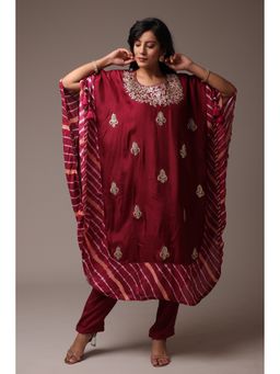 Zari Jaipur - Women Purple Silk Embroidered Kaftan Kurta with Pant