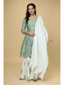 Zari Jaipur - Women Green Chanderi Floral Kurta with Palazzo and Dupatta