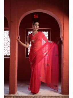 Zari Jaipur - Women Red Chiffon Embroidered Saree with Unstitched Blouse