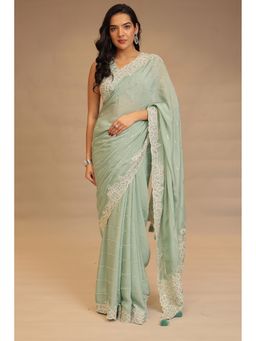 Zari Jaipur - Women Green Silk Blend Embroidered Saree with Unstitched Blouse